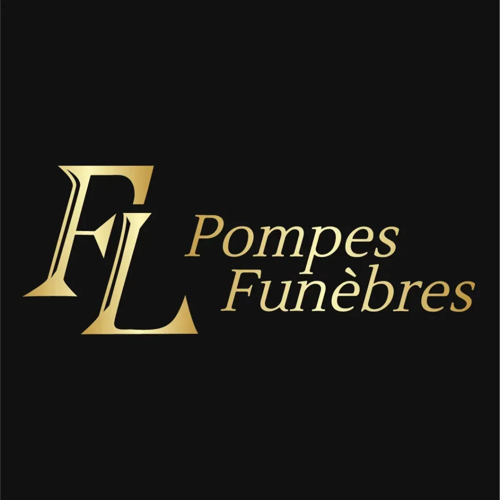Logo officiel FL Pompes Funèbres en lettres dorées sur fond noir.